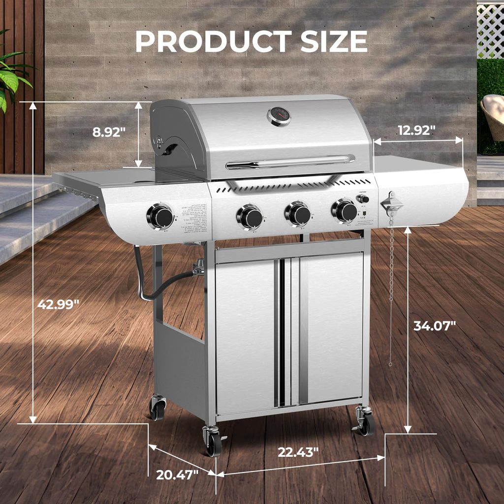 3-Burner Propane Gas Grill with Side Burner C 34,000 BTU Stainless Steel Outdoor BBQ Grill, Cast Iron Grates, Portable with Wheels for Patio, Camping