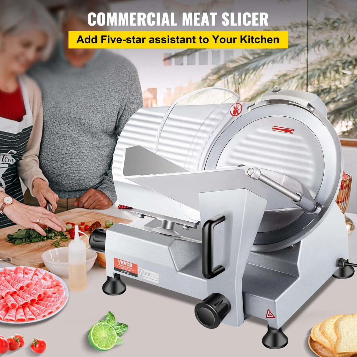 VEVOR Commercial Meat Slicer, 10 inch Electric Food Slicer, 240W Frozen Meat Deli Slicer, Premium Chromium-plated Steel Blade Semi-Auto Meat Slicer