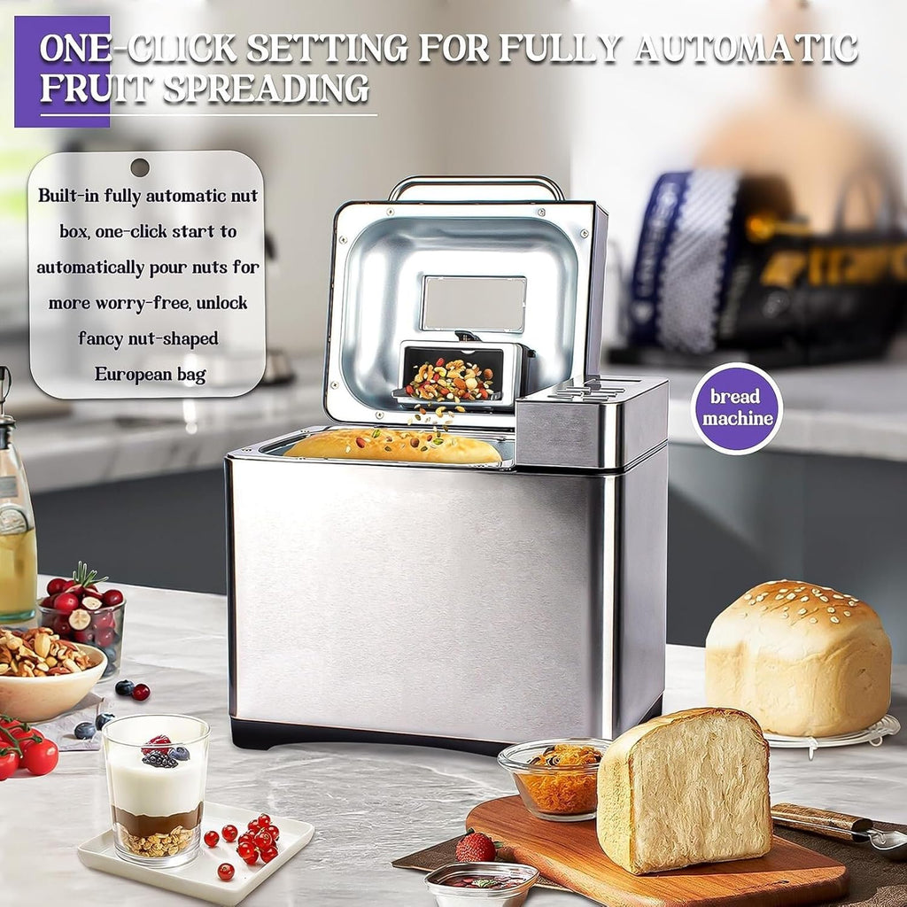 Stainless Steel Bread Maker, Fully Automatic Bread Maker with Automatic nut Dispenser, 17 Program Settings