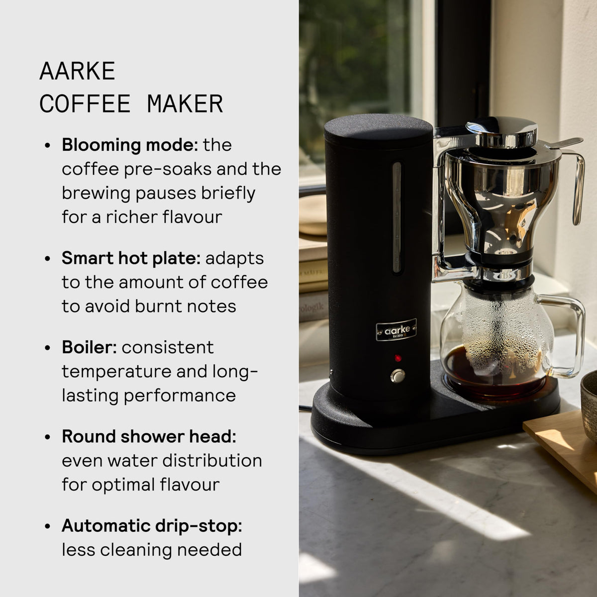 Aarke Coffee Maker - Electric 10 Cup / 42 fl oz Drip Brewer with Automatic Drip-Stop, Glass Carafe, Brews Full Pot in Under 6 Minutes, SCA Certified