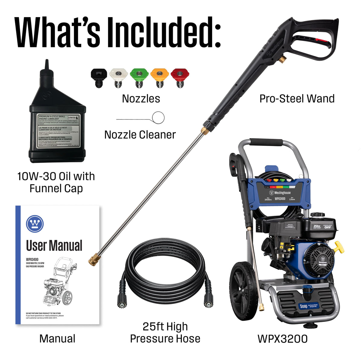 Westinghouse WPX3400 Gas Pressure Washer, 3400 PSI and 2.6 Max GPM, Onboard Soap Tank, Spray Gun and Wand, 5 Nozzle Set, for Cars/Fences/Driveways