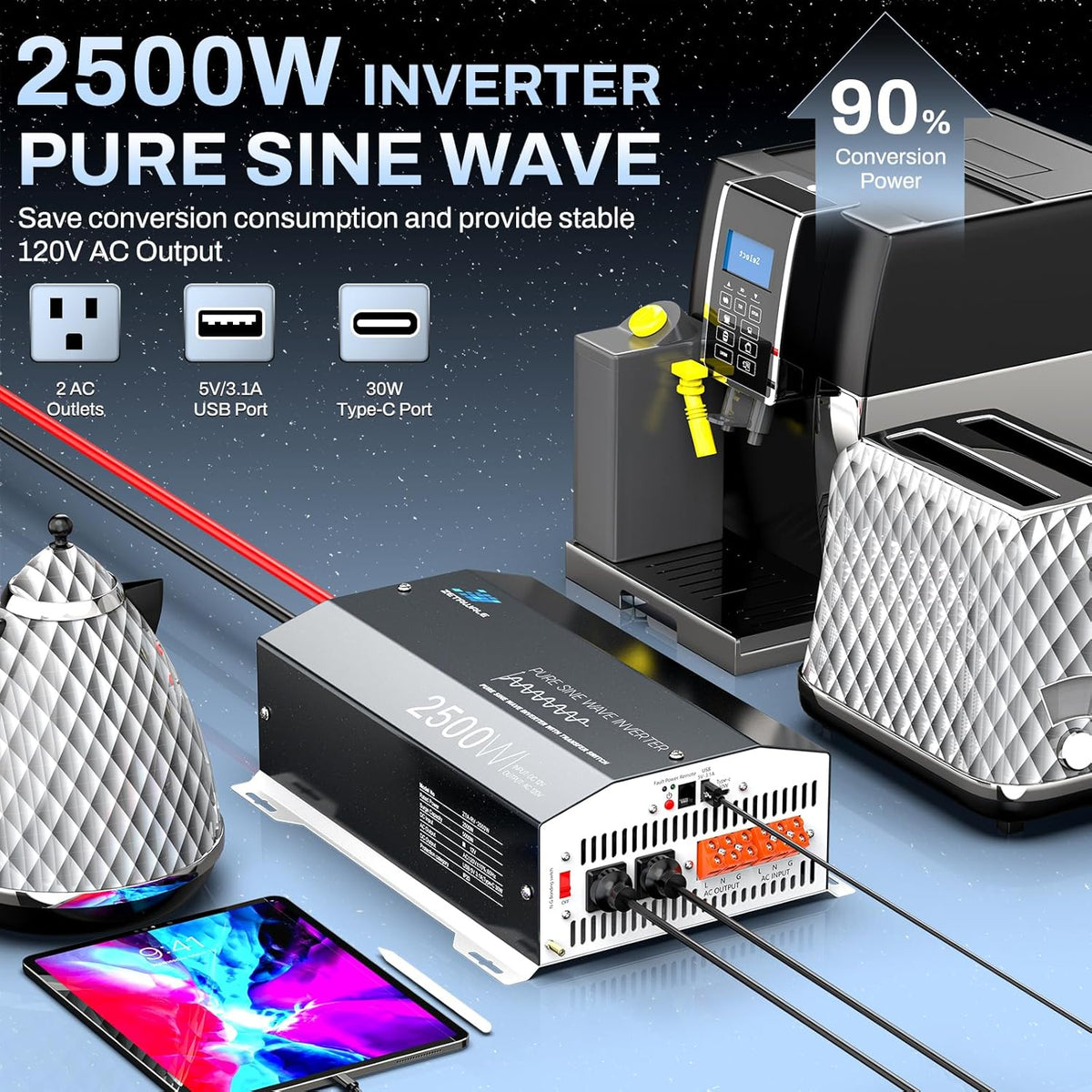 2500 Watt Pure Sine Wave Inverter with Auto Transfer Switch,12V DC to 110V 120V AC Converter,5000W Peak Power with 2 AC Outlets,USB Port,Tyep-C