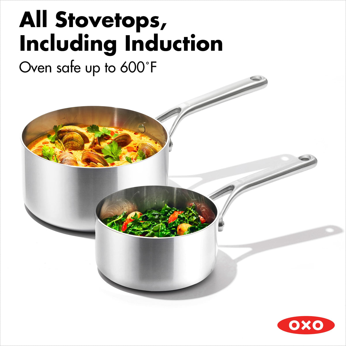 OXO Mira Tri-ply Stainless Steel, 10 Piece Cookware Pots and Pans Set, Skillets, Saute, Saucepans, Lids,Incl Ceramic Nonstick Frying Pan,Induction