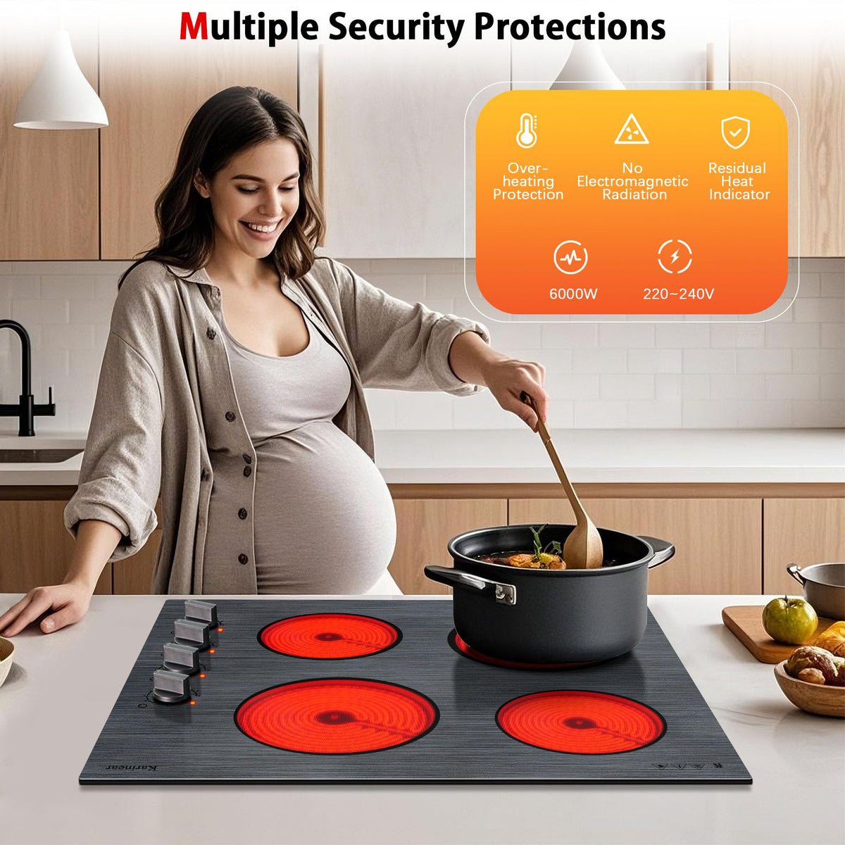 Karinear Electric Cooktop 24 Inch, 4 Burners Electric Stove Knob Control, Built-in Ceramic Cooktop with Beautiful Woodgrain Pattern Glass Surface