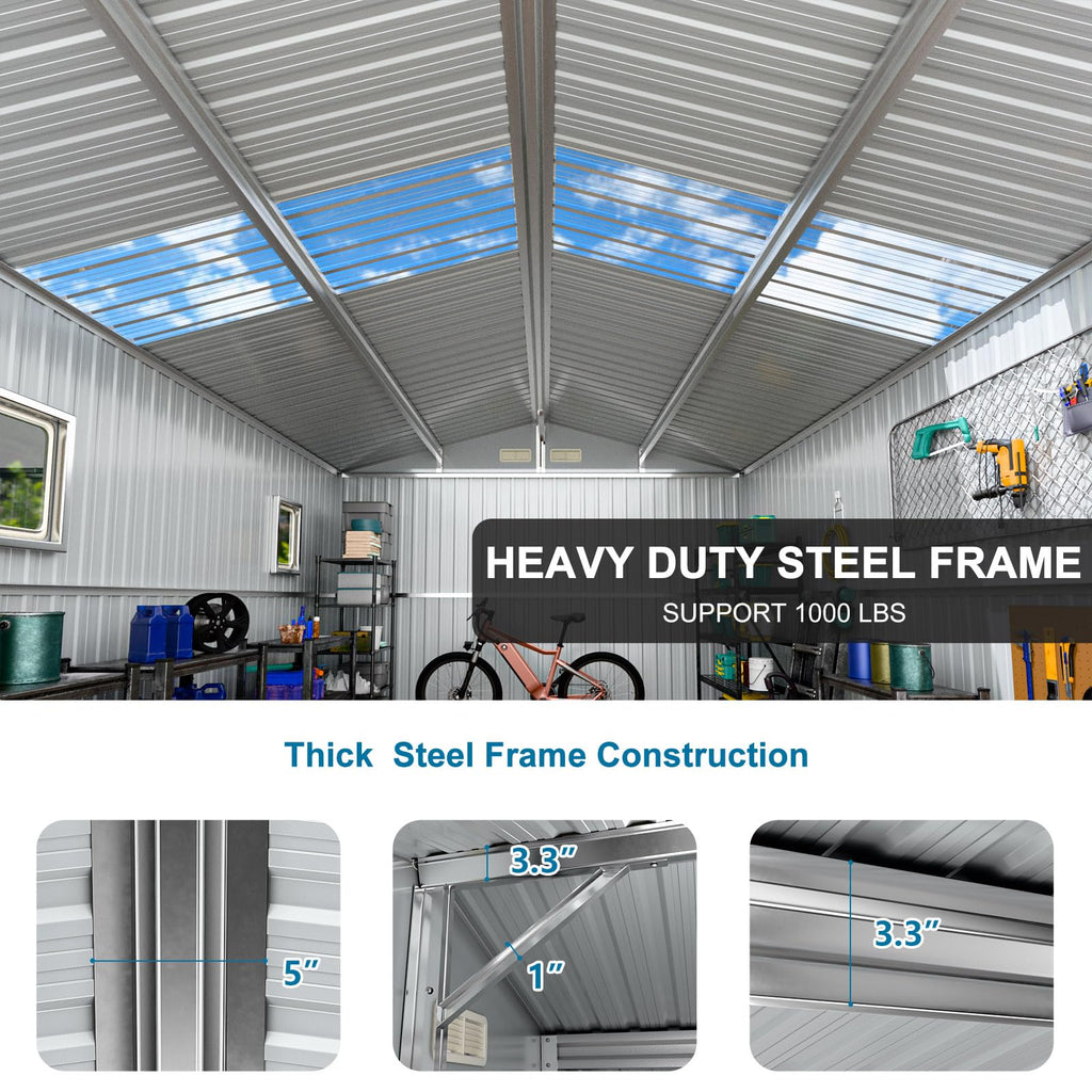 10x12 FT Metal Outdoor Storaged Shed with Floor Base Waterproof Heavy Duty Reinforced Frame with Unique Clear Roof Skyview Windows Air Vent for