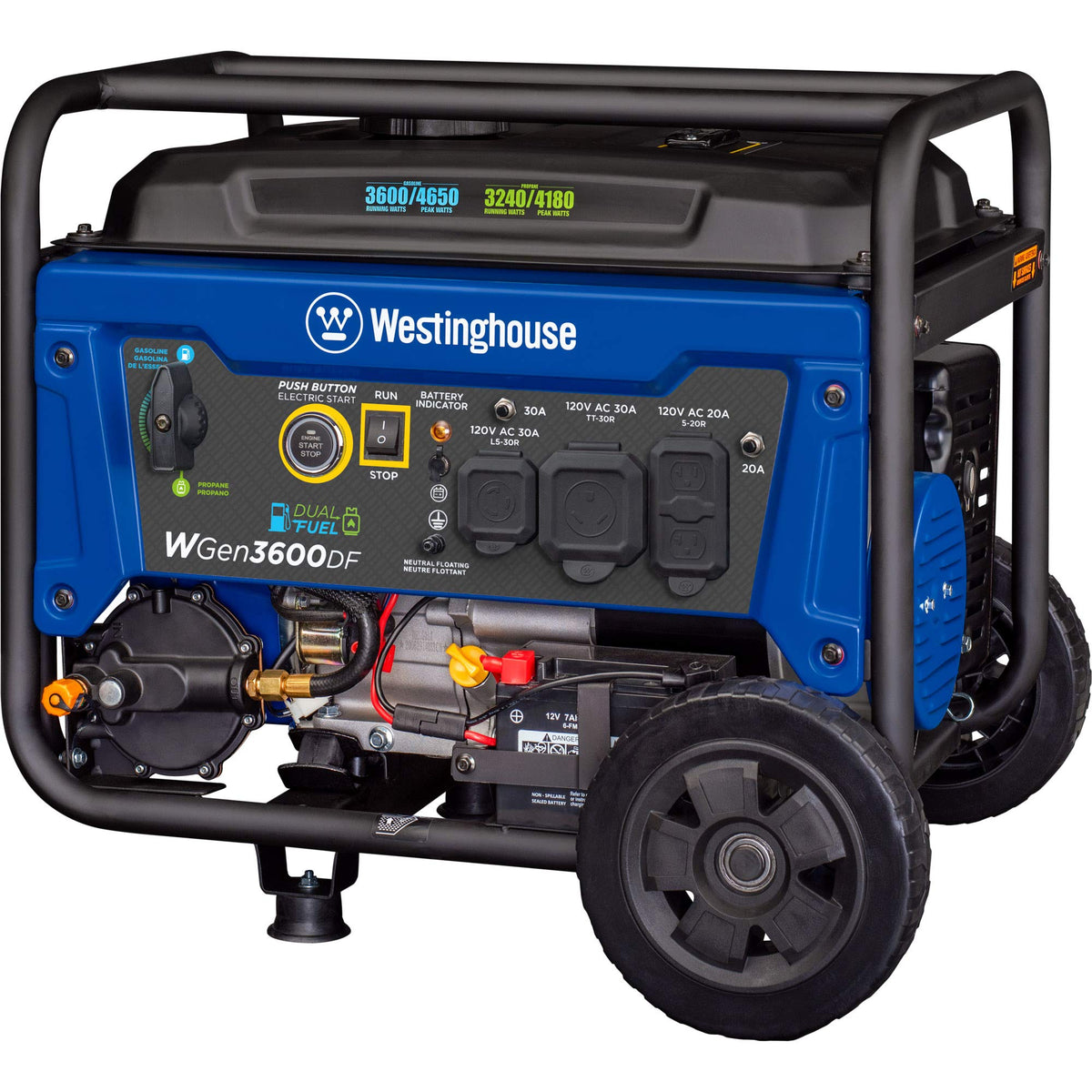 Westinghouse 4650 Peak Watt Dual Fuel Portable Generator, Remote Electric Start with Auto Choke, RV Ready 30A Outlet, Gas & Propane Powered