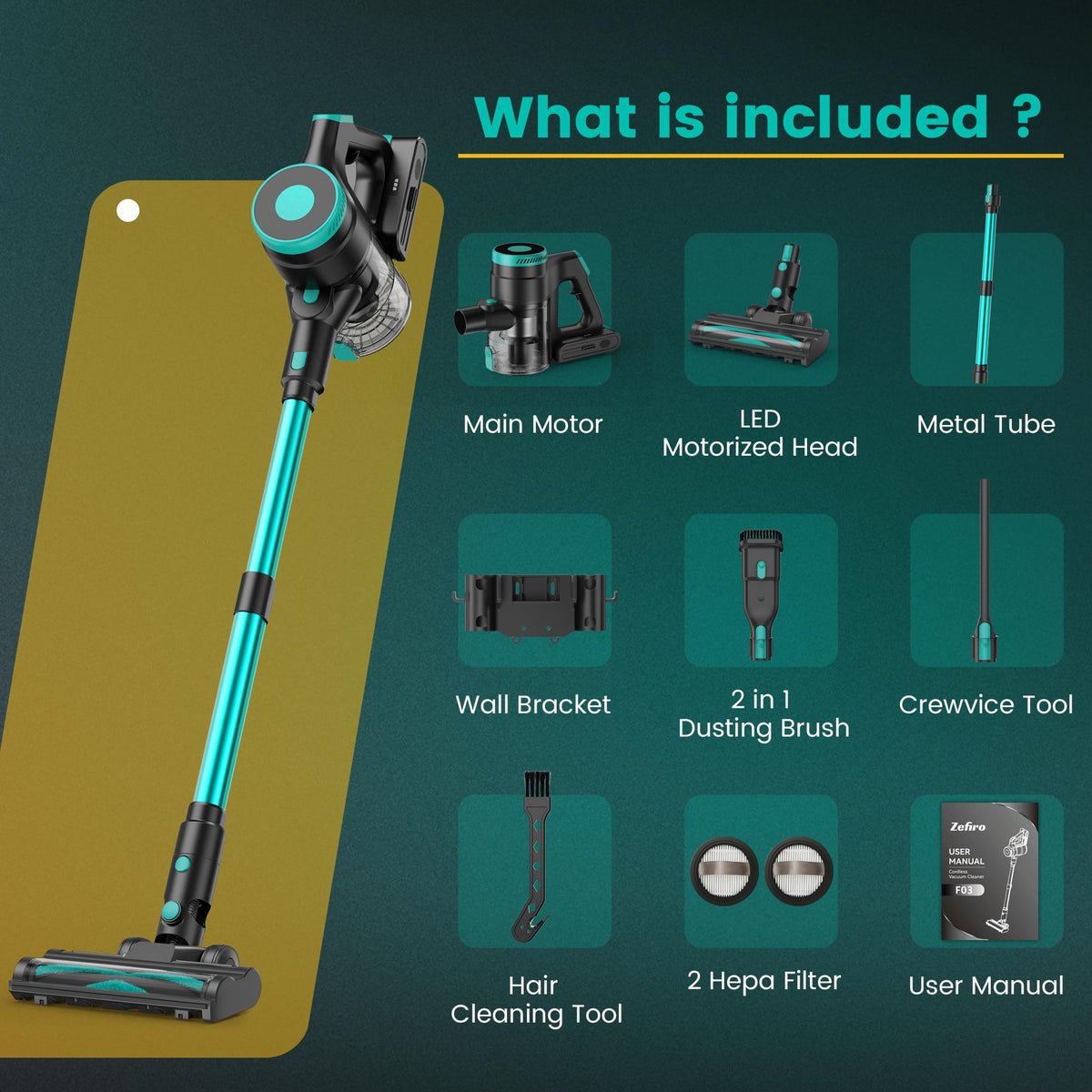 Zefiro Cordless Vacuum Cleaner for Home,45Mins Runtime Stick Vacuum Cleaners, Anti-Tangle and 1.5L Dust Cup, Lightweight Vacuum for Hardwood Floor
