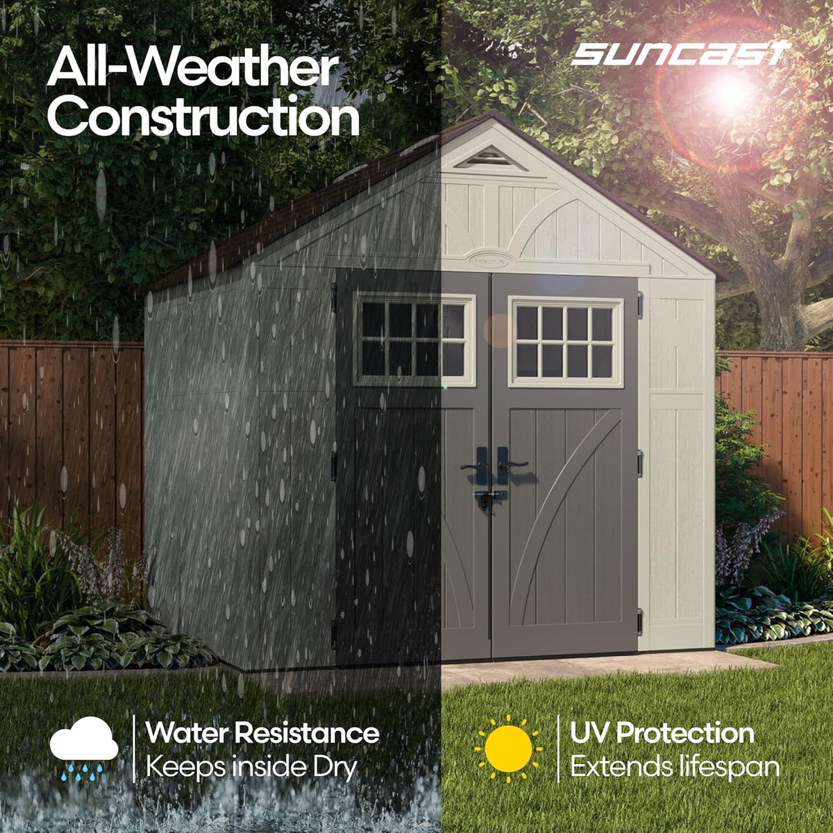 Suncast 8x7 Ft. Outdoor Storage Shed - Large Resin Shed with Floor, Lockable Double Doors, & Skylights. 378 Cu Ft Tremont Garden Sheds & Outdoor