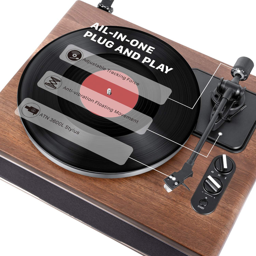 1 by ONE High Fidelity Belt Drive Turntable with Built-in Speakers, Vinyl Record Player with Magnetic Cartridge, Bluetooth Playback and Aux-in