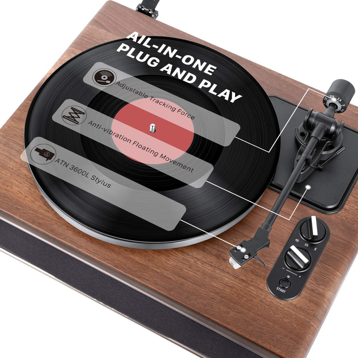 1 by ONE High Fidelity Belt Drive Turntable with Built-in Speakers, Vinyl Record Player with Magnetic Cartridge, Bluetooth Playback and Aux-in