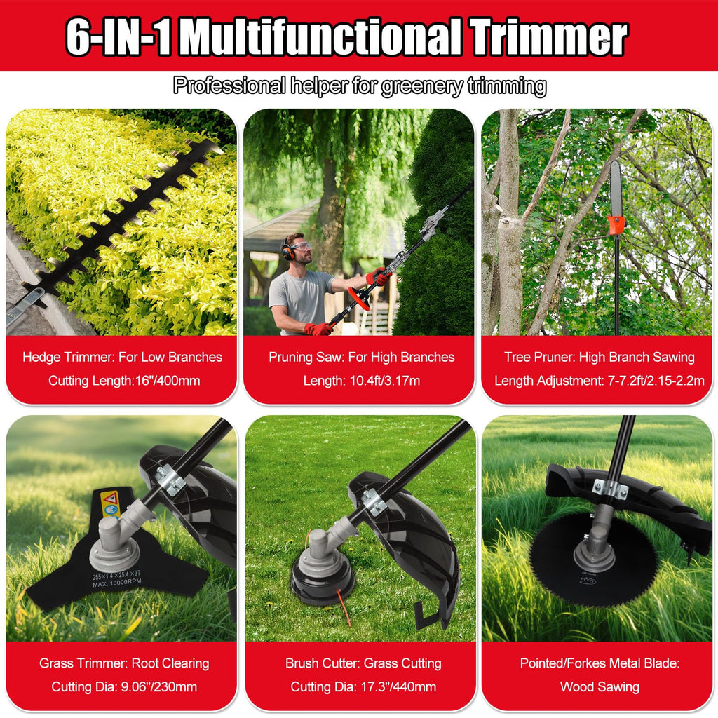 6-in-1 Gas Weed Wacker with Hedge Trimmer, 52CC 2-Stroke String Trimmer/Weed Trimmer/Brush Cutter/Edger, Weed Eater Gas Powered with Extension Pole C
