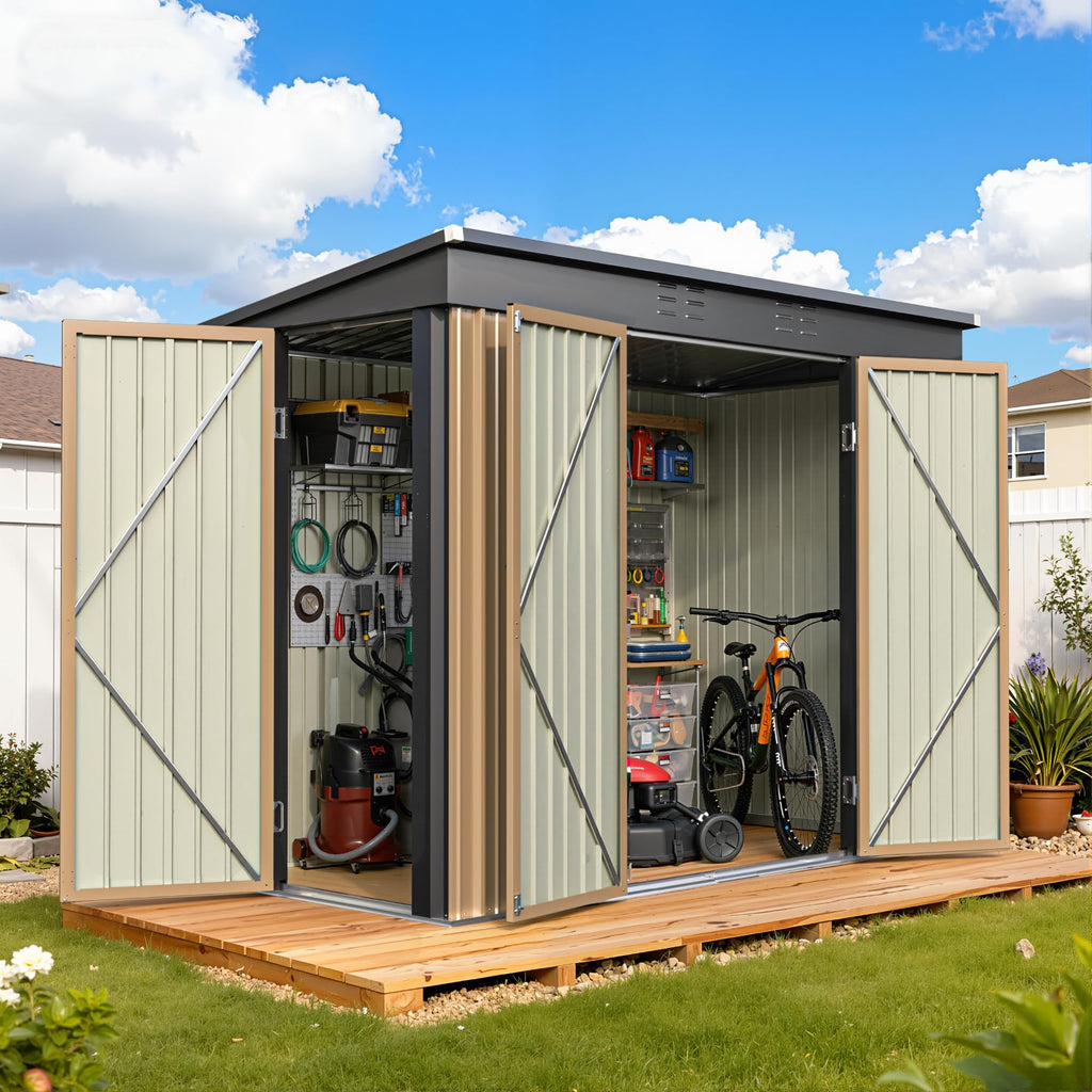 Greesum Outdoor Storage Shed 6 x 8 ft. Utility Tool Shed Metal Storage Garden Shed with Door & Lock for Patio Storage, Brown