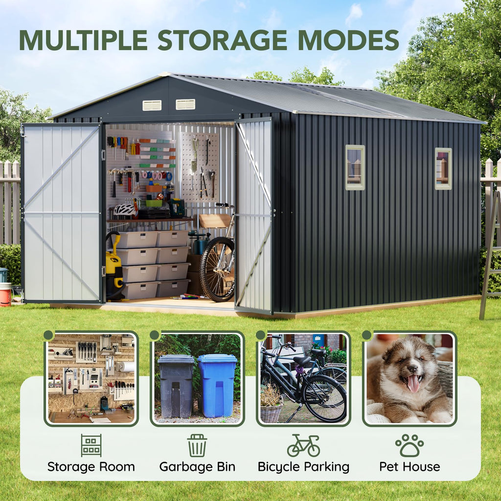 10x10 FT Outdoor Metal Storage Shed, Double Swing Doors, 2 Clear Windows,Tool Shed for Garden, Patio, Backyard Nightblue