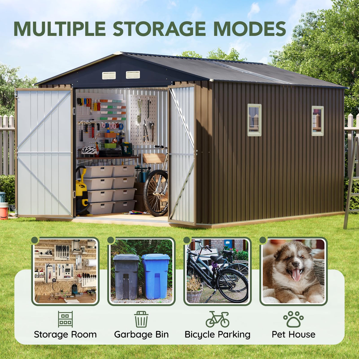 10x10 FT Outdoor Metal Storage Shed, Double Swing Doors, 2 Clear Windows,Tool Shed for Garden, Patio, Backyard Nightblue