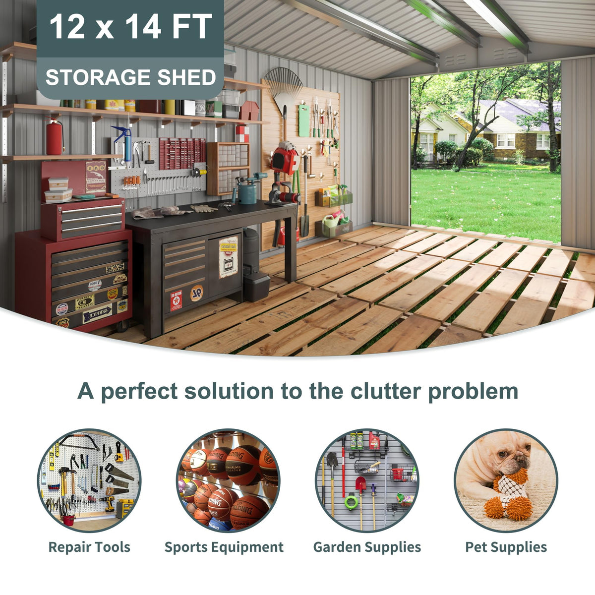 Polar Aurora 12x14 FT Outdoor Storage Shed, Garden Shed with Updated Frame Structure and Lockable Doors, Metal Tool Sheds for Backyard Garden Patio