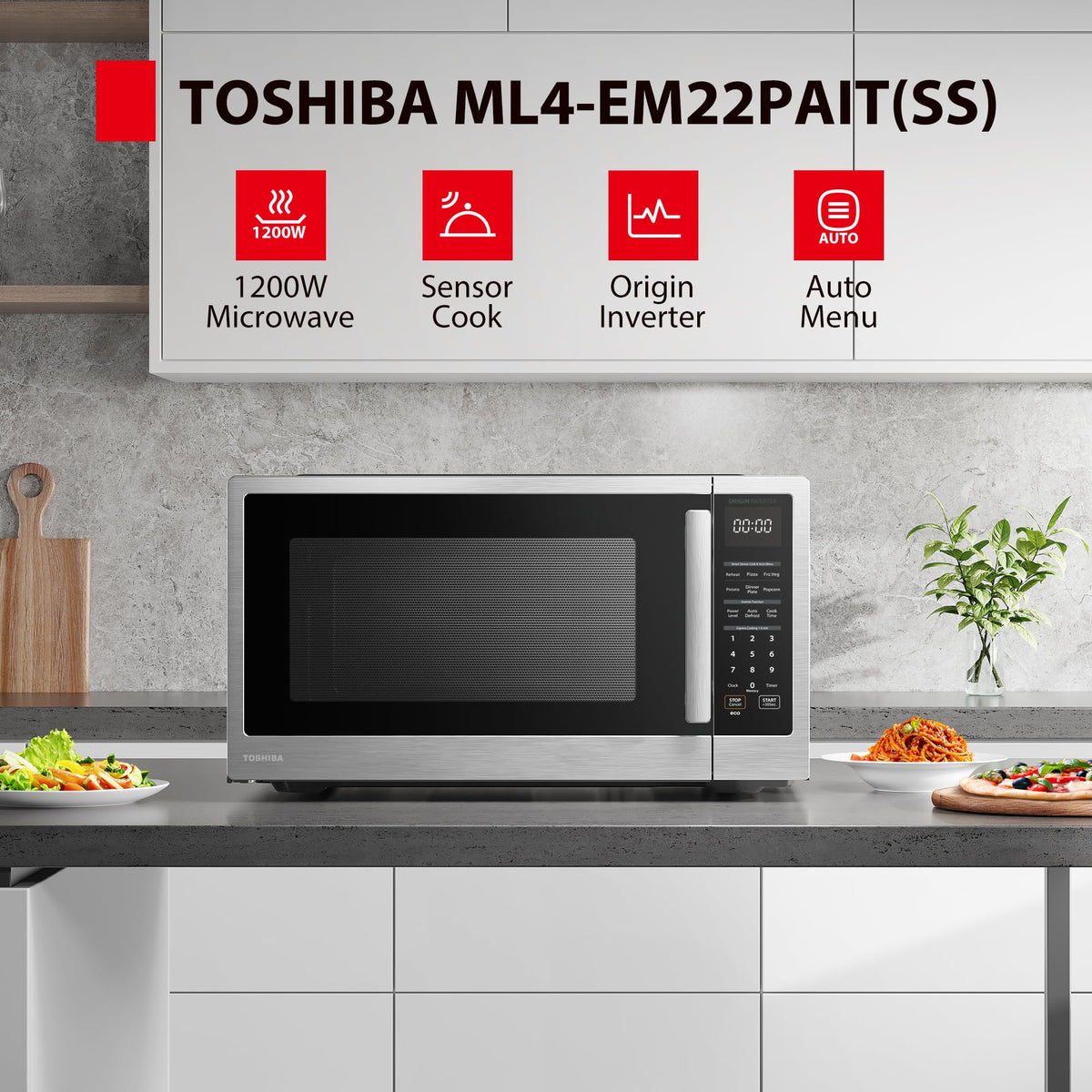 TOSHIBA ML4-EM22PAIT(SS) Countertop Microwave Oven with Sensor Cook, 6 Auto Menus, Origin Inverter, Child Lock, 2.2 Cu Ft for Large Family, 16.5 Inch