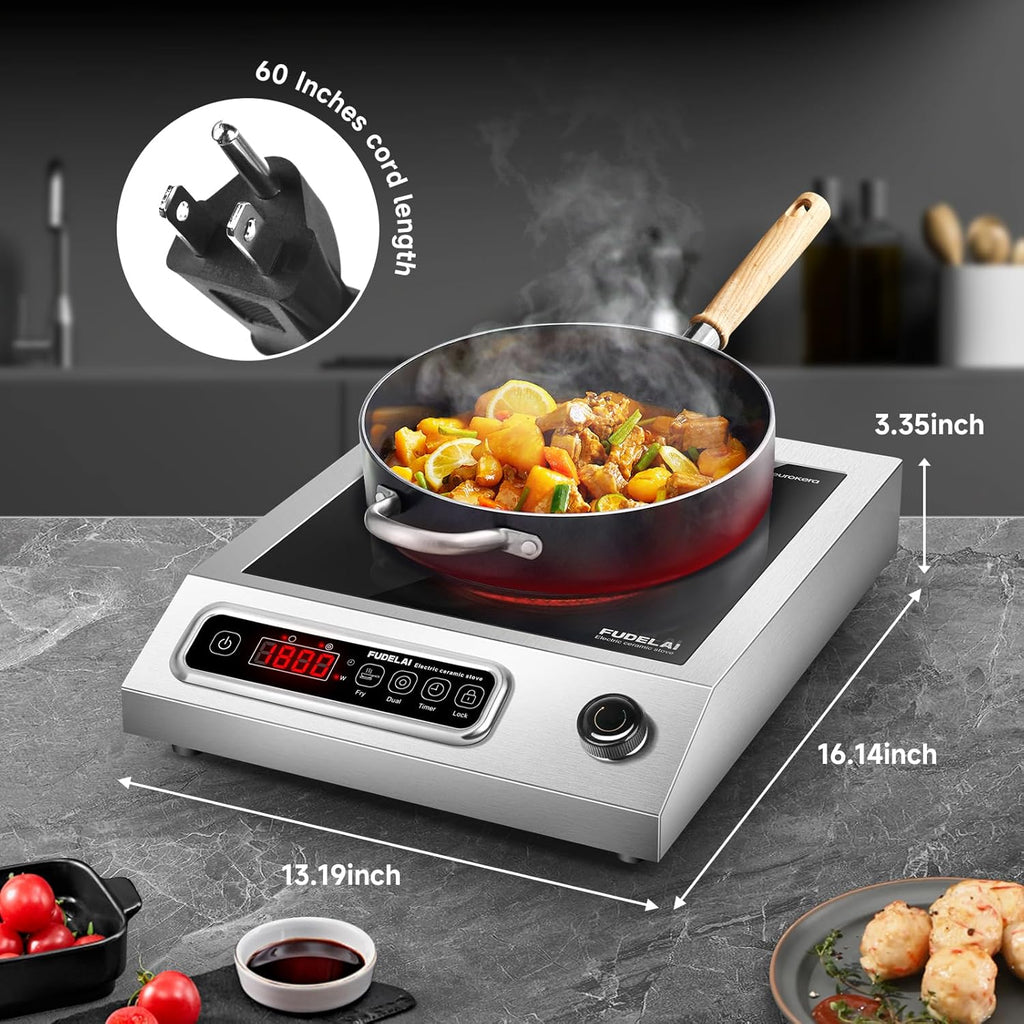 1800W Commercial Grade Electric Cooktop with 9 Power Levels - Electric Burner with EUROKERA Micro-Ceramic Panel, Infrared Cooktop with Timer, Safety