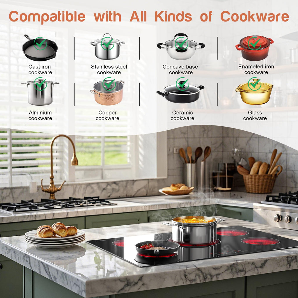 Karinear Electric Cooktop 30 Inch, 5 Burners Electric Stove 30 Inch Electri Ceramic Cooktop, 9 Power Level, Pause, Timer, Child Safety Lock, Triple