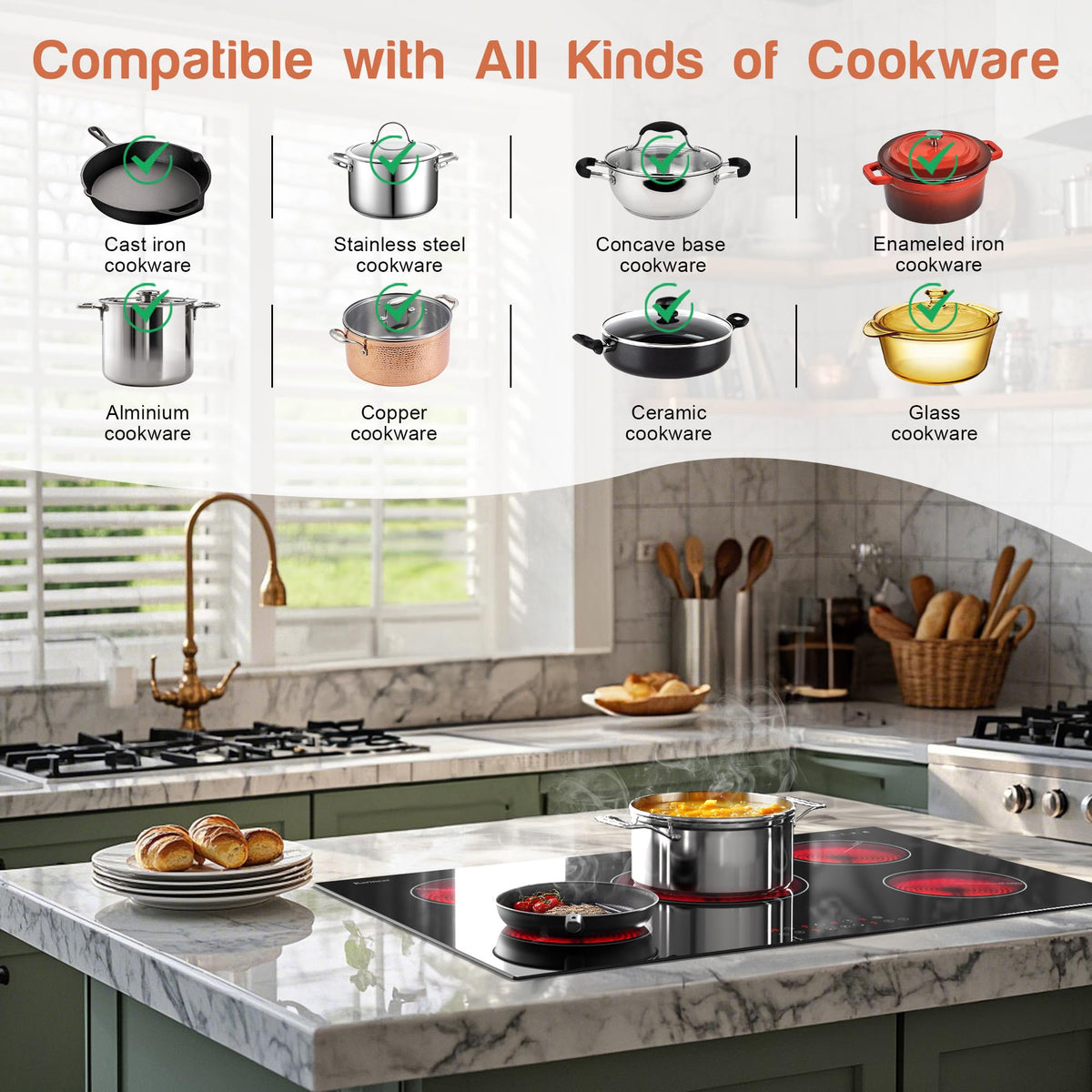 Karinear Electric Cooktop 30 Inch, 5 Burners Electric Stove 30 Inch Electri Ceramic Cooktop, 9 Power Level, Pause, Timer, Child Safety Lock, Triple