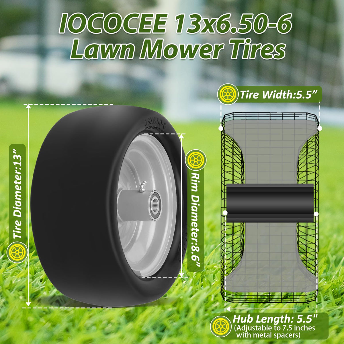 2 Pcs 13x6.50-6 Lawn Mower Tires Flat Free with 3/4" 1/2" 5/8" Bearings