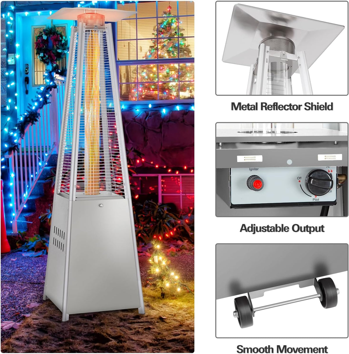 Hykolity 48000 BTU Pyramid Patio Heater, Outdoor Propane Heaters with Wheels and Cover, Glass Tube Propane Patio Heater for Backyard, Garden, Porch