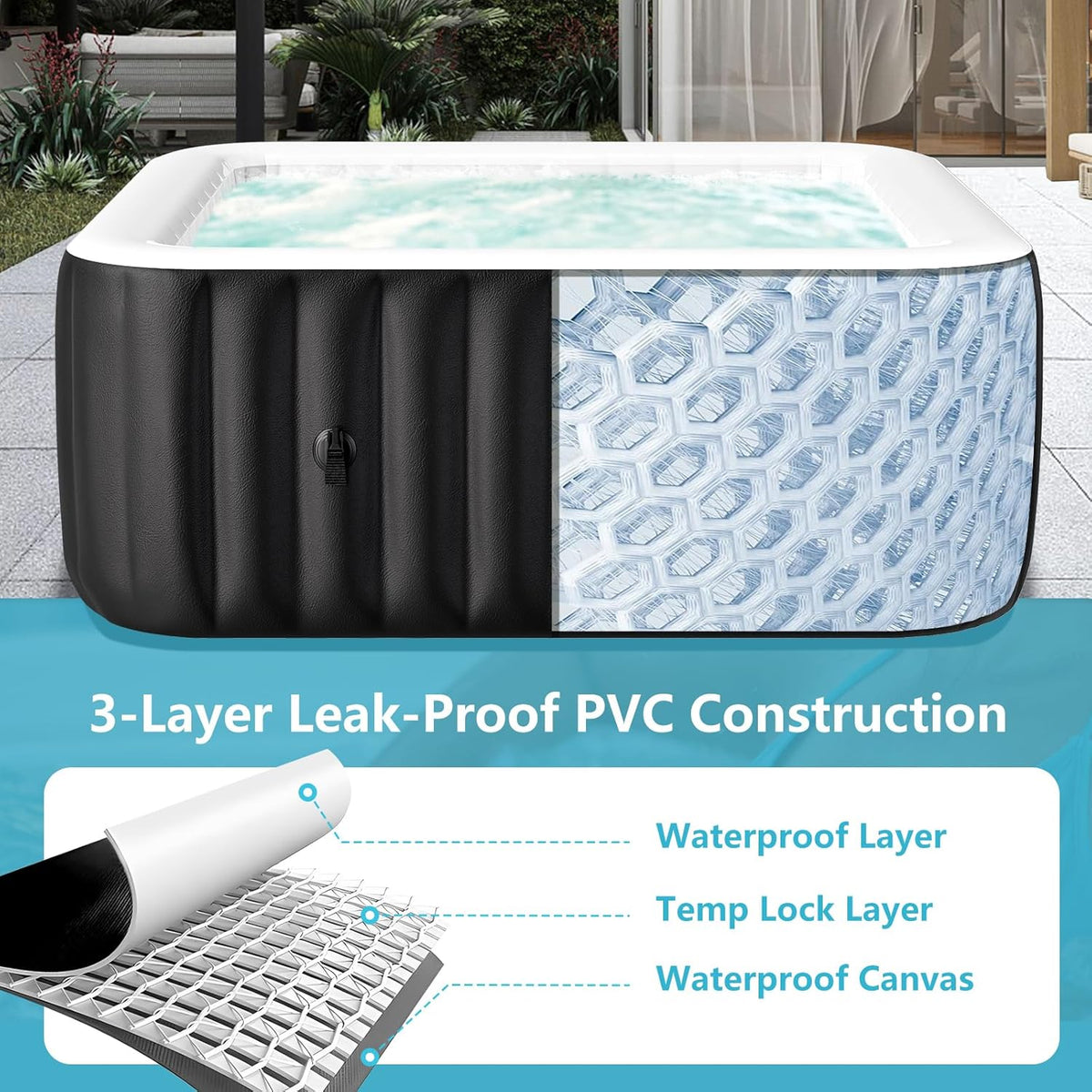 Blow Up Inflatable Hot Tub, 4-6 Person Large Square Portable Hot Tub, Leak-Proof PVC Outdoor Spa with 130 Air Jets, Heater Pump and Insulated Cover