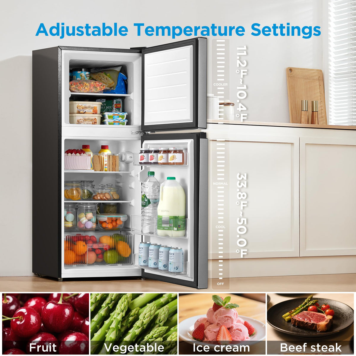 Midea WHD-113FB1 Double Door Mini Fridge with Freezer for Bedroom Office or Dorm with Adjustable Remove Glass Shelves Compact Refrigerator, 3.1 cu ft