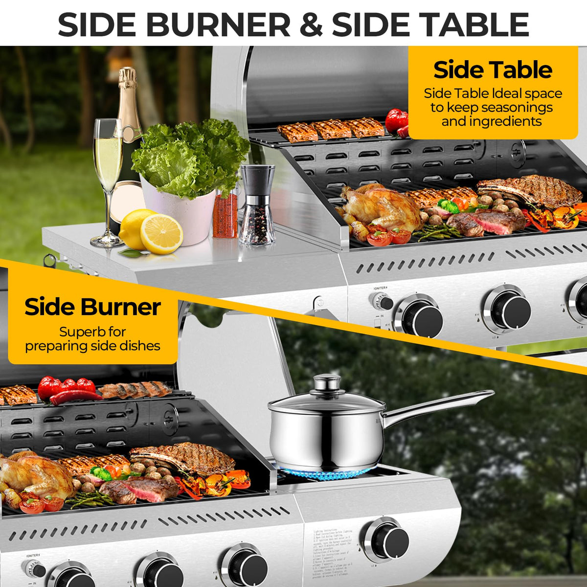 3-Burner Propane Gas Grill with Side Burner C 34,000 BTU Stainless Steel Outdoor BBQ Grill, Cast Iron Grates, Portable with Wheels for Patio, Camping