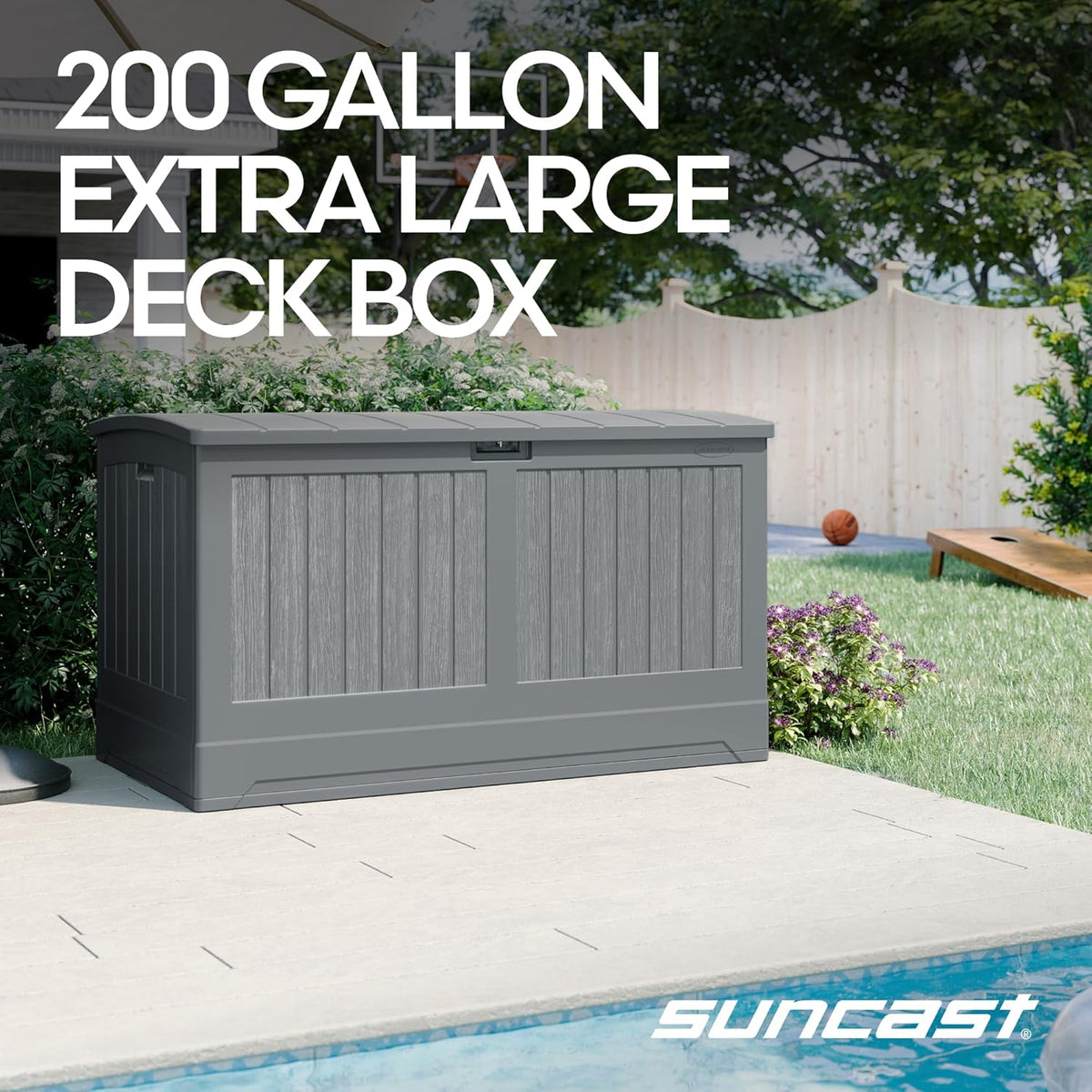 Suncast 200-gal. All-Weather Patio Deck Box, Made in the USA, with Pad-Lockable Lid, Extra-Large Outdoor Storage Unit for Patio Furniture and Grill