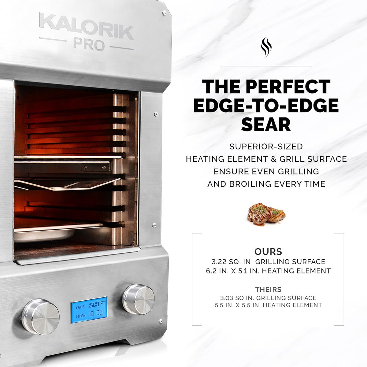 Kalorik Steakhouse Grill Pro Electric Broiler, 1500F Stainless Steel Steak Cooker with 2 Grill Plates, Electric Grill for BBQ Burgers & Fish, 1600