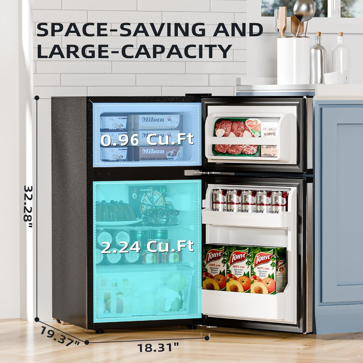 Antarctic Star Compact Refrigerator,3.2 Cu.Ft. Mini Separate Freezer Double 2-Door,Adjustable Removable Shelves for Basement,Apartment,Dorm,Office