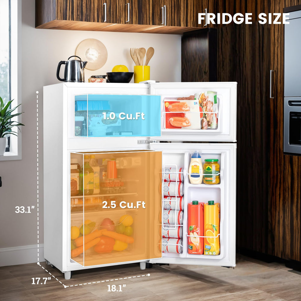 Manastin 3.5 Cu.Ft 2 Door Mini Fridge with Freezer, Small Refrigerator, 7 Level Adjustable Thermostat, Compact Fridge for Living Room, Dorm, Office