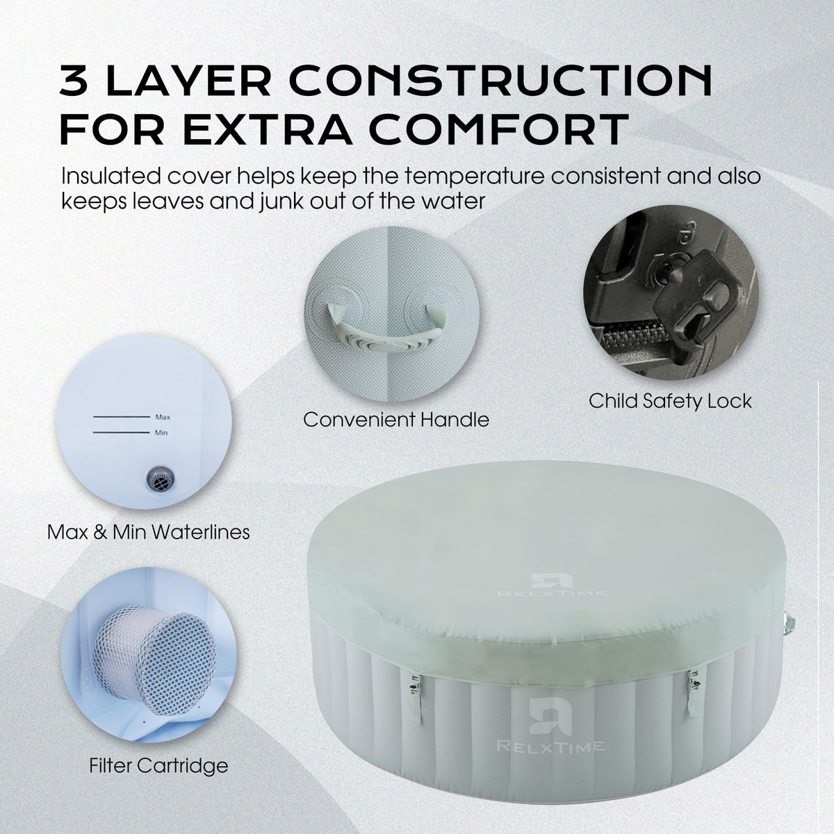 Inflatable Hot Tub Spa 2-4 Person 110 Air Jets, Portable Blow Up Hottub with Cover, Built in Heater Pump, Round Outdoor Spa, Cup Holder, 2 Filters