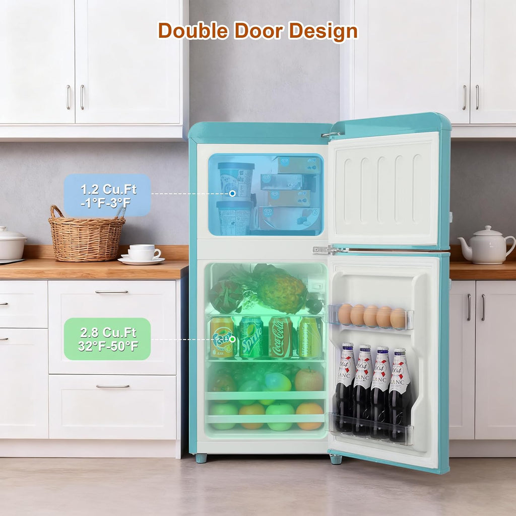 Retro Mini Fridge with Freezer 4.0 Cu. Ft, Small Refrigerator with 7 Level Adjustable Thermostat, Compact Classic Dual Door Fridge Removable Glass