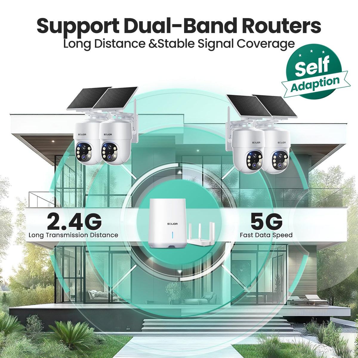 SOLIOM- 5MP Security Cameras Wireless Outdoor, No Subscription,4-Cam Pack, Solar Powered Home Security Camera with 360 Auto Tracking, Pan & Tilt, 3K