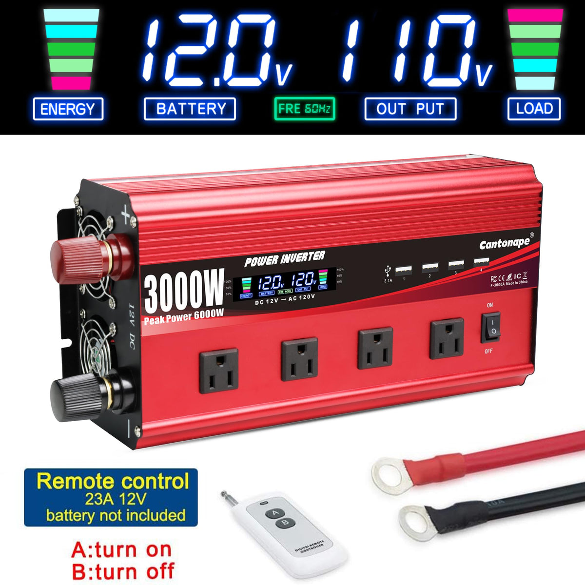 4000W Power Inverter 12V to 110V/120V DC to AC with LCD Display, Remote Controller 5 x AC Outlets and 4 x 3.1A USB Car Adapter for Car Truck Boat RV