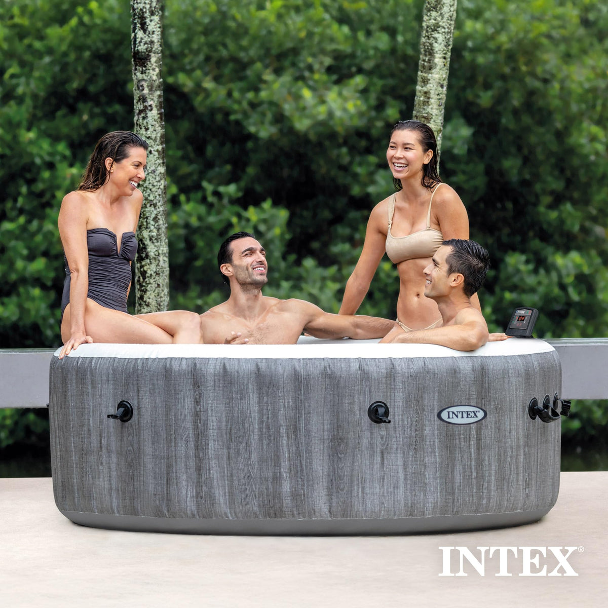 INTEX 28439EP PureSpa Greywood Deluxe Inflatable Spa Set: Includes Energy Efficient Cover C Spa Control App C Wireless Control Panel C 4 Person