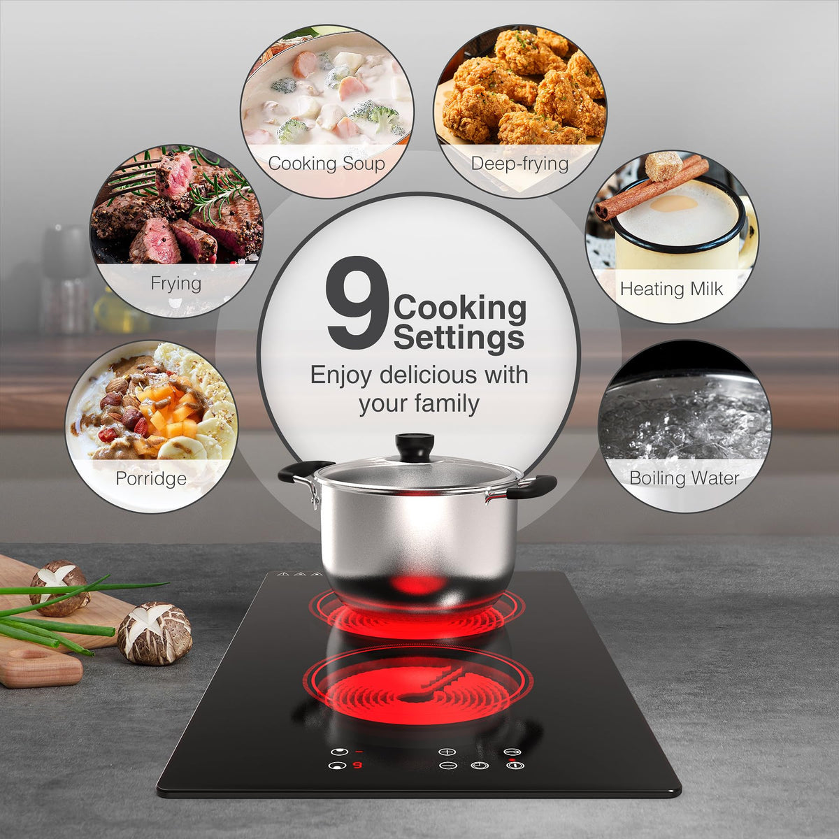 4 Burner Electric Cooktop,7200W Built-in & Countertop 4 Burner Electric Stove Top with 9 Power Levels, Child Safety Lock & 99mins Timer, 30 inch