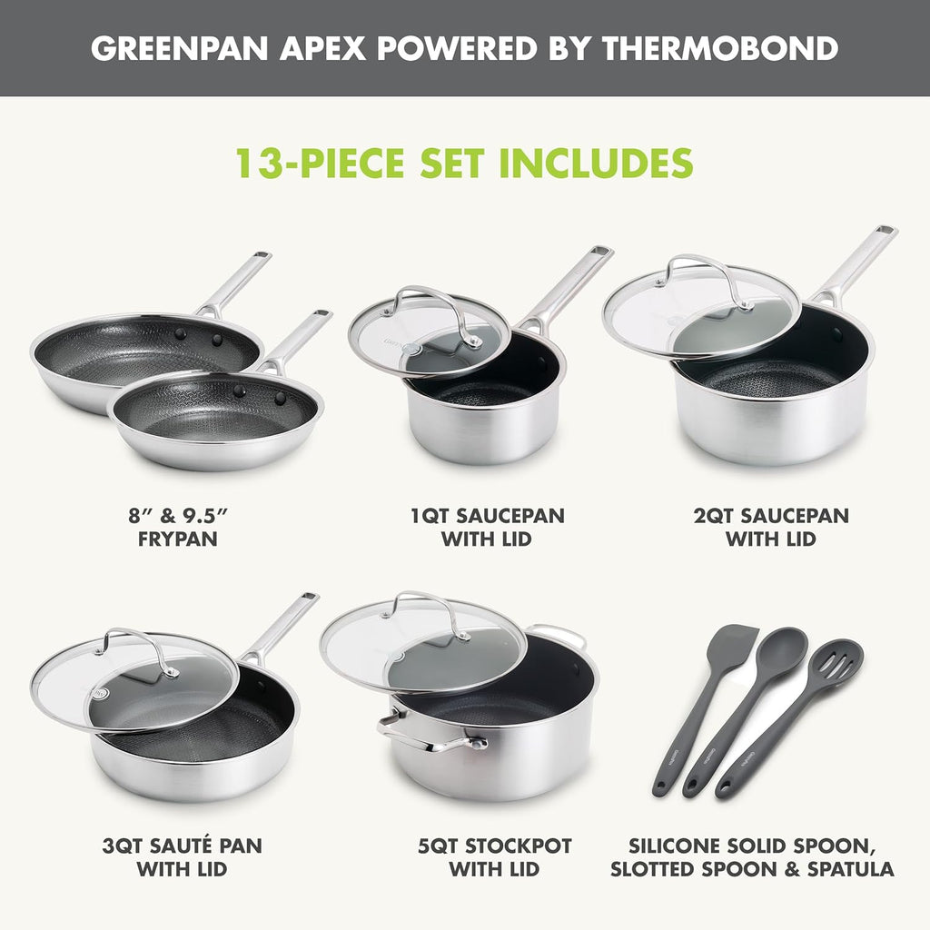 GreenPan Hybrid 13 Piece Nonstick Stainless Steel Cookware Set, APEX Tri-Ply Thermobond PFAS-Free Ceramic Pots & Pans, Induction & All Cooktop