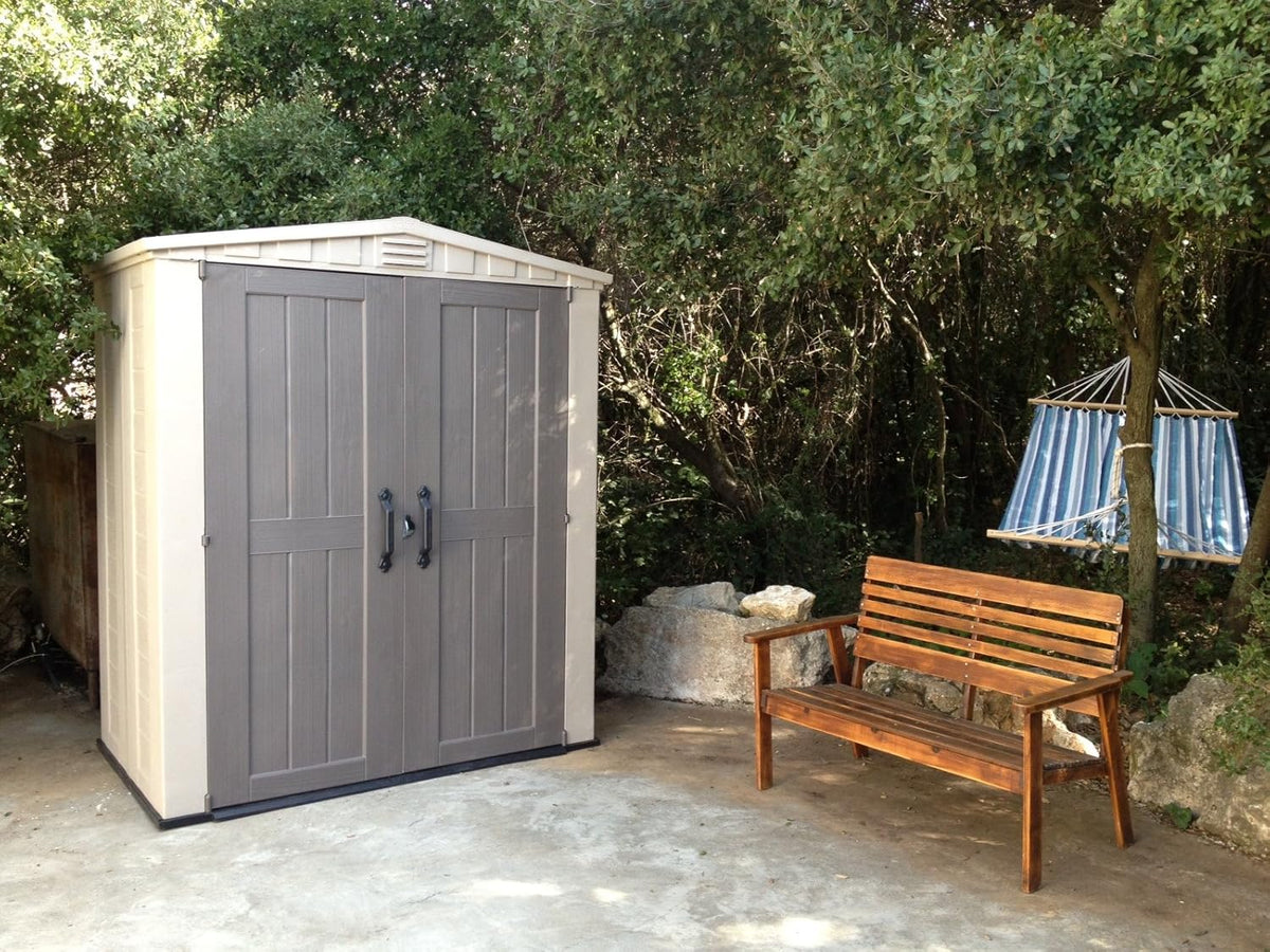 Keter Factor 6x3 Outdoor Storage Shed Kit-Perfect to Store Patio Furniture, Garden Tools Bike Accessories, Beach Chairs and Push Lawn Mower, Taupe &