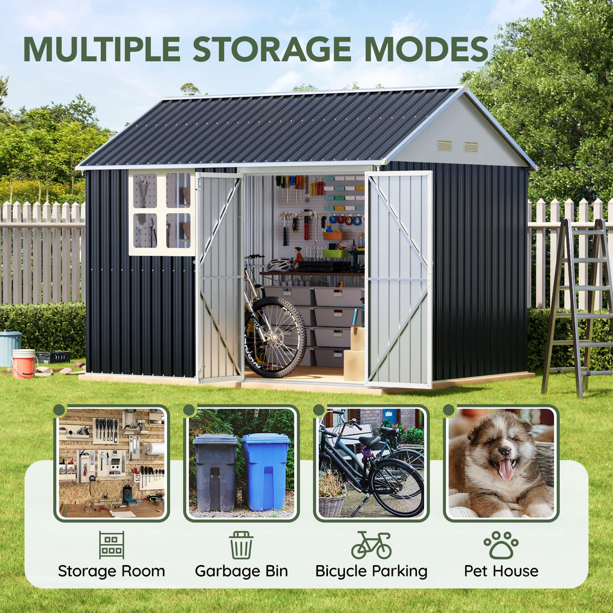 10x10 FT Outdoor Metal Storage Shed, Double Swing Doors, 2 Clear Windows,Tool Shed for Garden, Patio, Backyard Nightblue