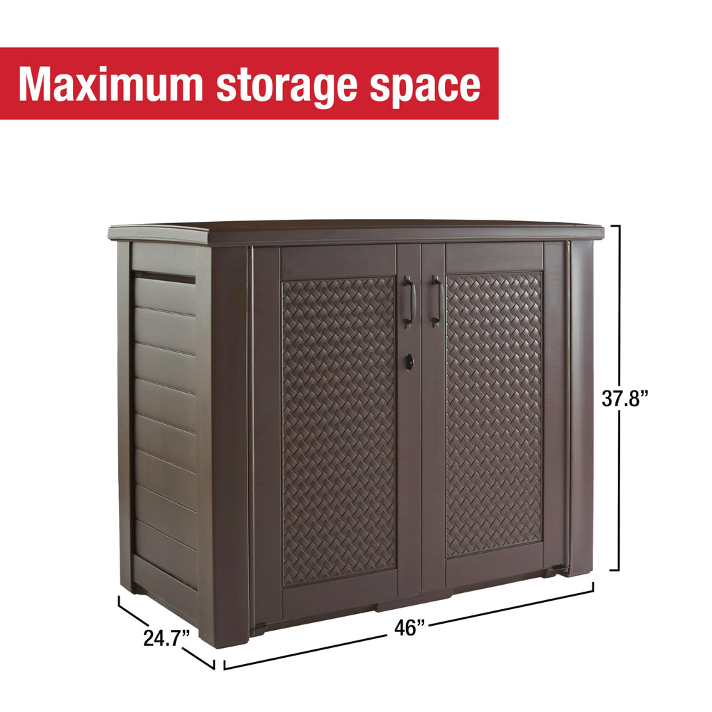 Rubbermaid Decorative Outdoor Storage Cabinet (123 Gal), Weather Resistant, Brown, Organization for Home/Backyard/Pool Chemicals/Toys/Garden Tools