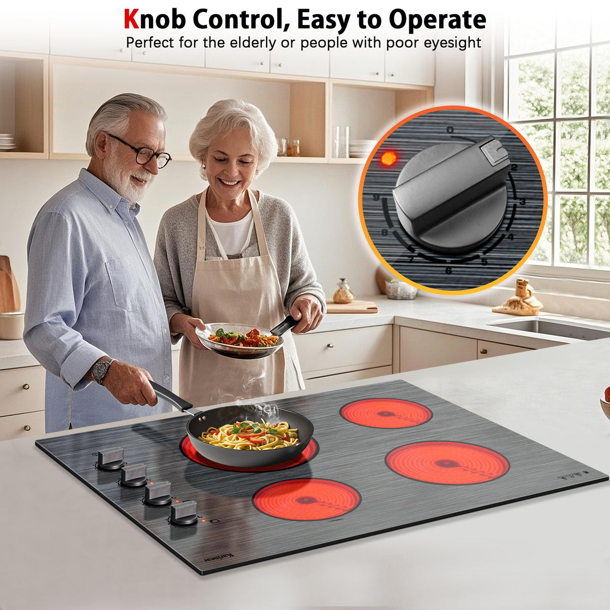 Karinear Electric Cooktop 24 Inch, 4 Burners Electric Stove Knob Control, Built-in Ceramic Cooktop with Beautiful Woodgrain Pattern Glass Surface