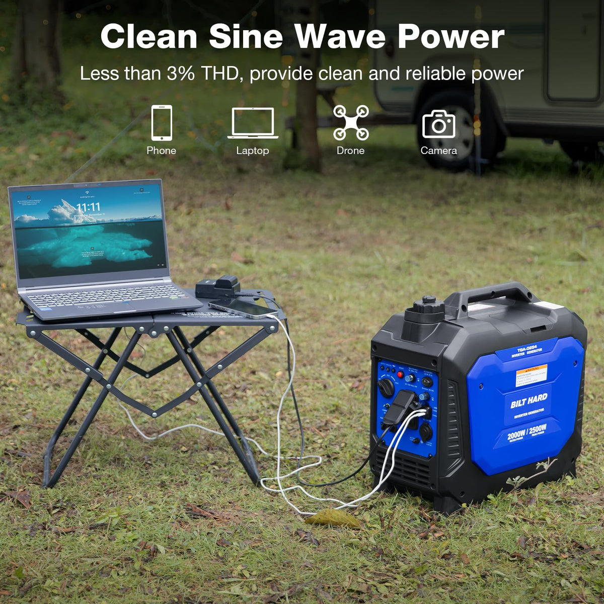 BILT HARD Gas Generator 2500W, 80cc 4 Stroke Quiet Inverter Generator with CO Sensor, Parallel Ready,120V AC Duplex Receptacle and 12V DC Output