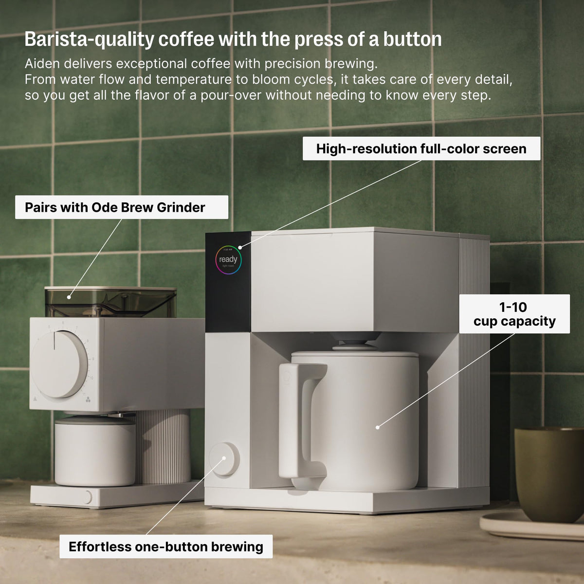 Fellow Aiden Precision Coffee Maker - 10-Cup Thermal Carafe, Built-In Brewing Guidance, Scheduling, Removable Water Tank, Matte Black