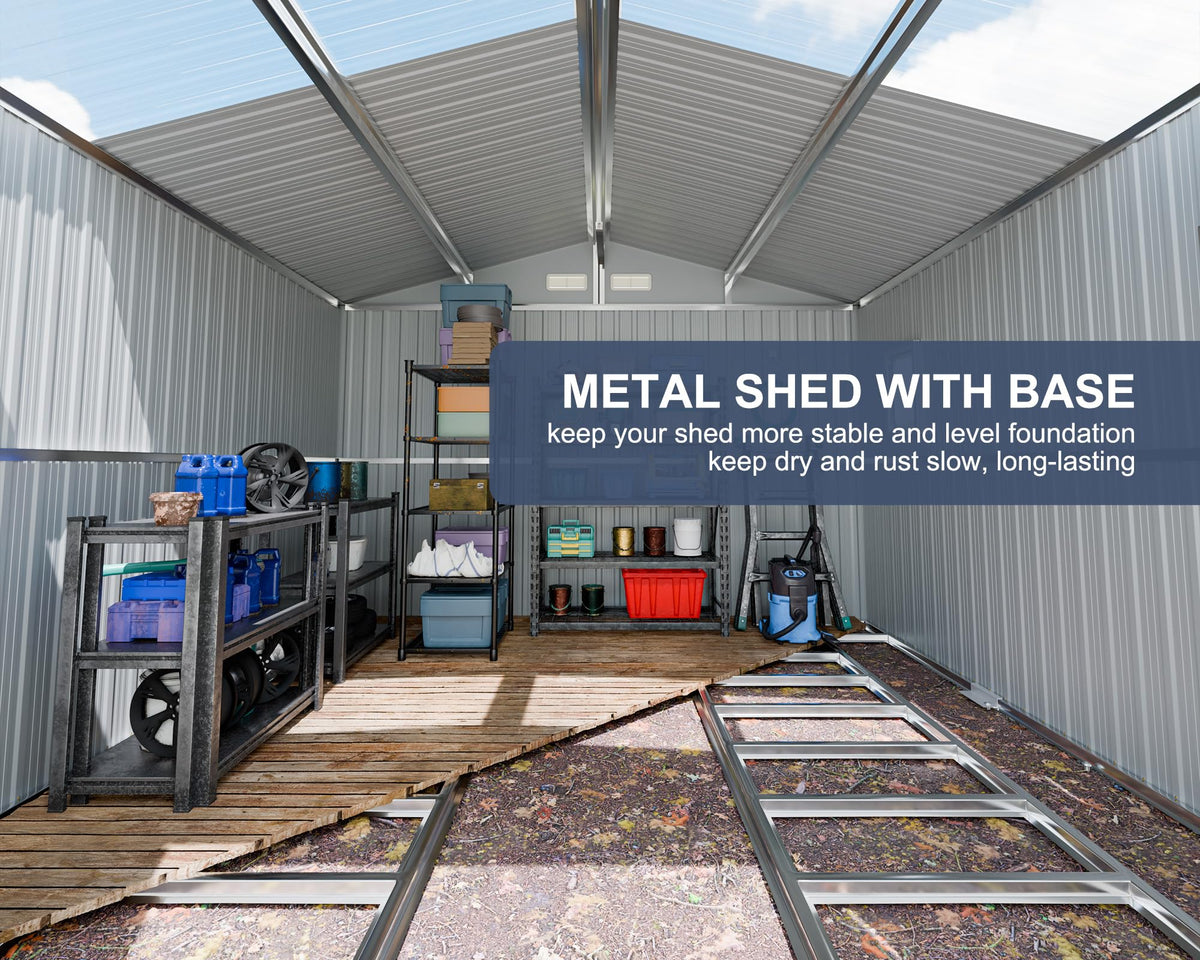 10x12 FT Metal Outdoor Storaged Shed with Floor Base Waterproof Heavy Duty Reinforced Frame with Unique Clear Roof Skyview Windows Air Vent for