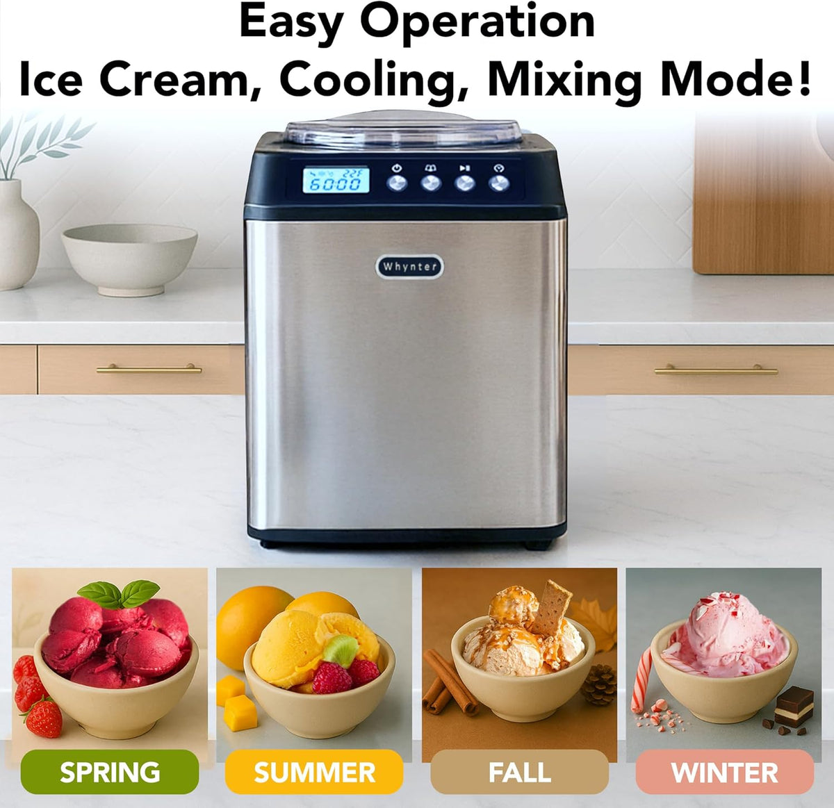 Whynter Ice Cream Maker Machine Automatic 2.1 Qt. Upright with Built-In Compressor, LCD Digital Display & Timer, No Pre-Freezing, ICM-201SB
