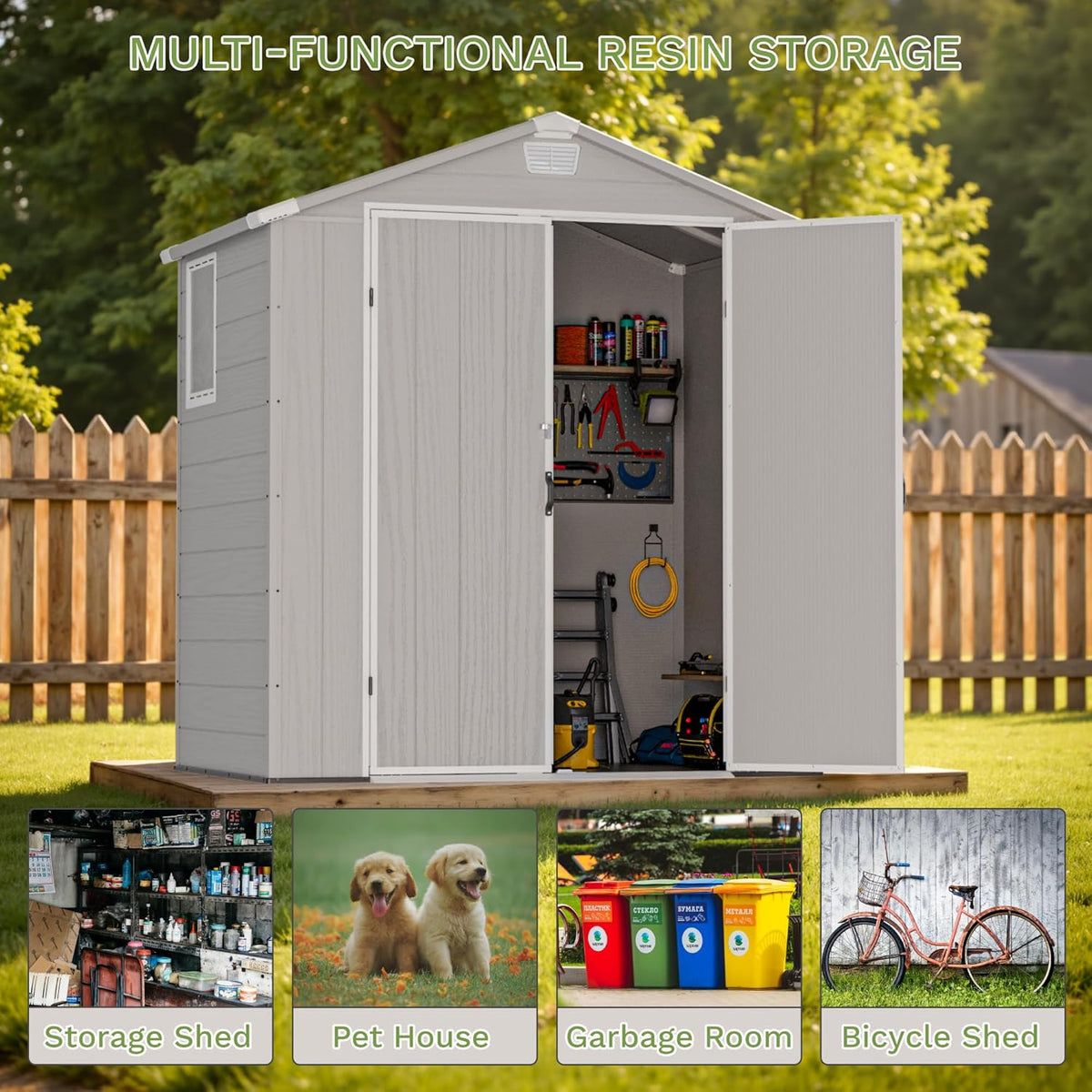 Greesum 6x4FT Plastic Outdoor Storage Shed with Floor, Resin Sheds with Lockable Double Door, All-Weather Tool Sheds with Window and Vents, for