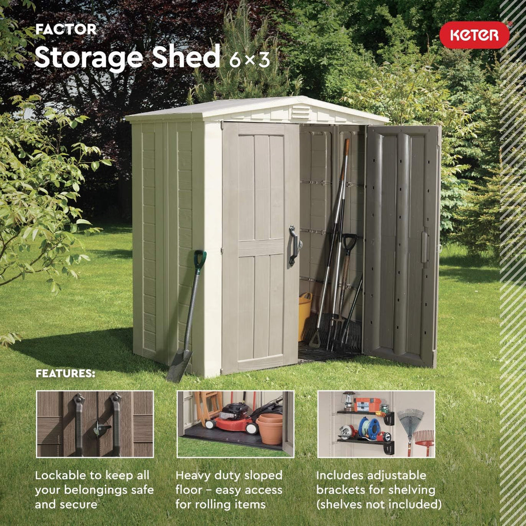Keter Factor 6x3 Outdoor Storage Shed Kit-Perfect to Store Patio Furniture, Garden Tools Bike Accessories, Beach Chairs and Push Lawn Mower, Taupe &