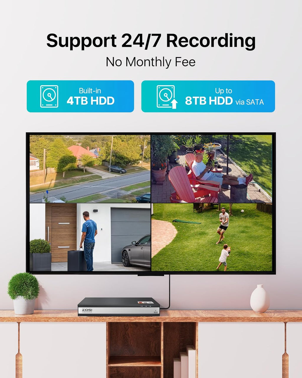 ZOSI 1080P H.265+ 16 Channel Video Security DVR Recorder with AI Human/Vehicle Detection,16CH Hybrid 4-in-1 CCTV DVR with 4TB HDD for Home